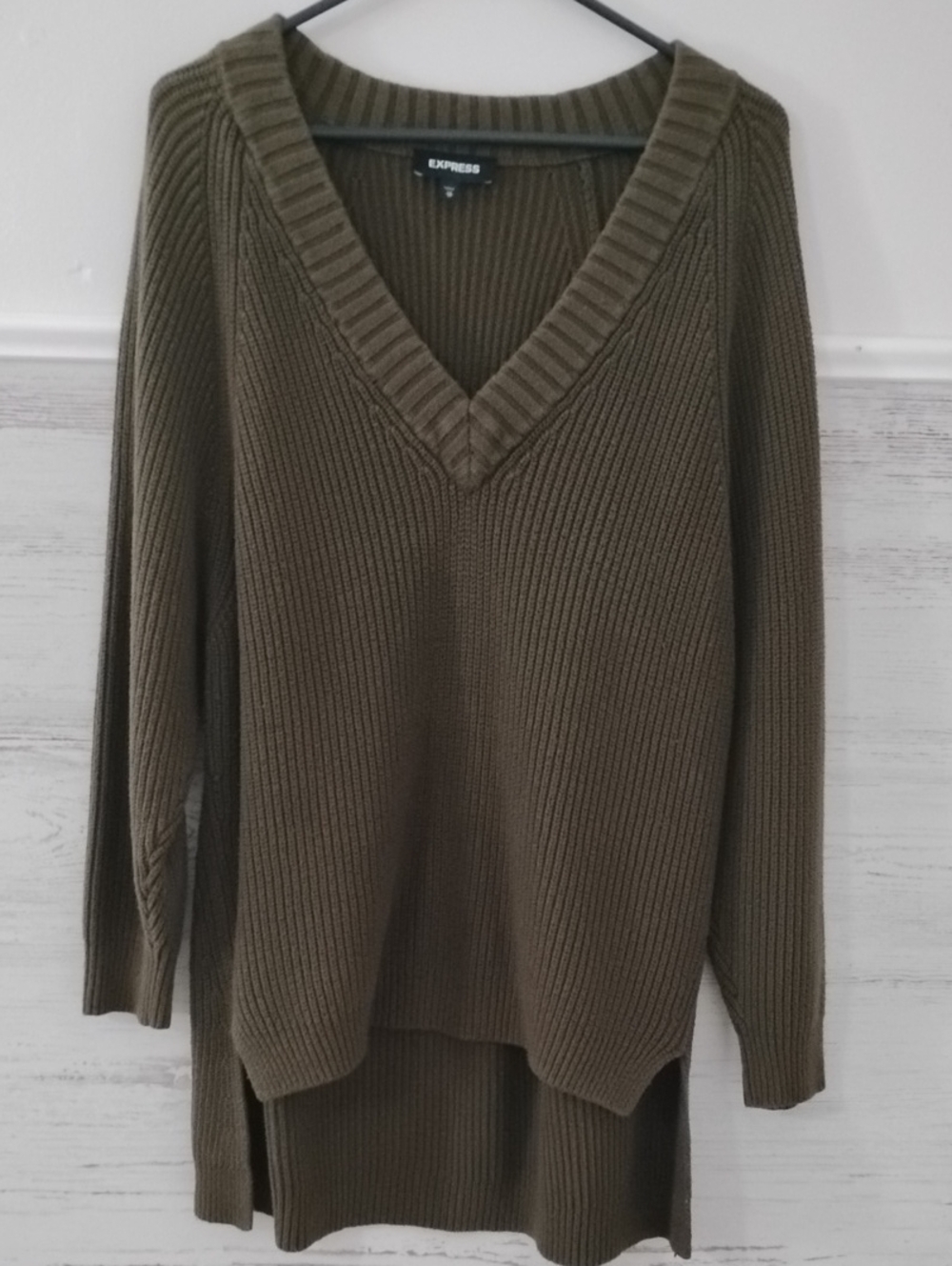Express Olive Green Ribbed V-Neck Sweater